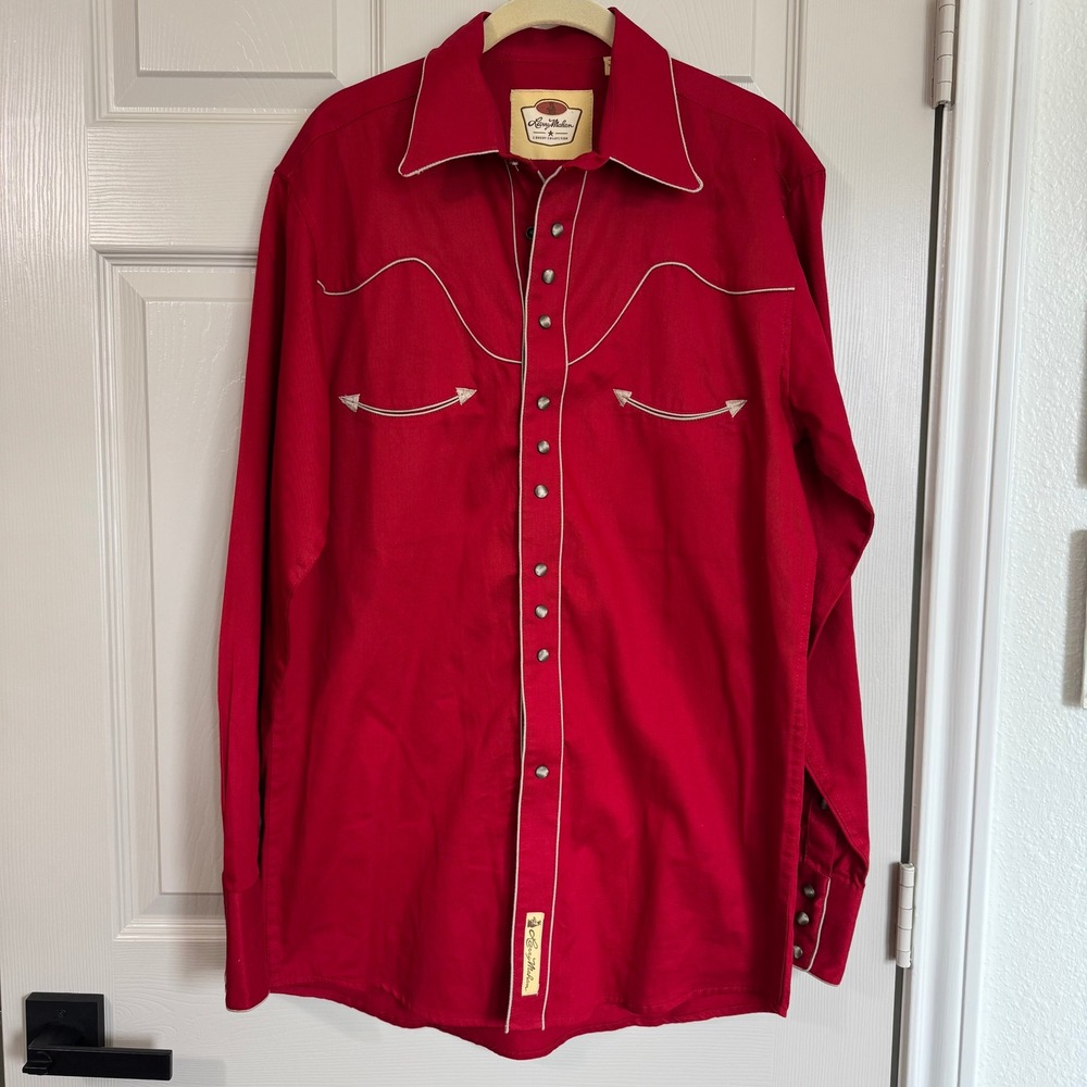 Larry Mahan Western Shirt Mens M Red Cowboy Pearl Snap Piping Rockabilly Ranch